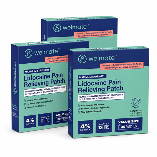 WELMATE 4% Lidocaine Pain Relief Patch - Maximum Strength Topical Analgesic for Back, Neck, Shoulders, Knees, and Elbows - Temporary Relief of Minor Aches and Pains - Unscented - 90 Count