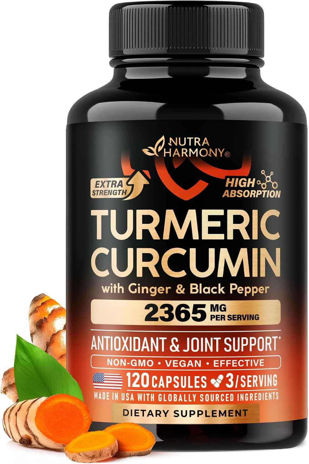 Turmeric Curcumin Supplement 2365 mg - Turmeric with Ginger & Black Pepper - Highly Bioavailable & Extra Strength 95% Curcuminoids - Antioxidant, Immunity & Joint Support - Lab Tested - 120 Capsules