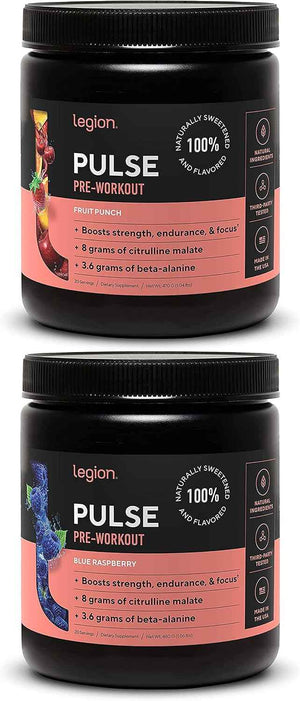 LEGION Pulse Pre Workout Supplement - All Natural Nitric Oxide Preworkout Drink to Boost Energy, Creatine Free, Naturally Sweetened, Beta Alanine, Citrulline, Alpha GPC (Fruit Punch & Blue Raspberry)