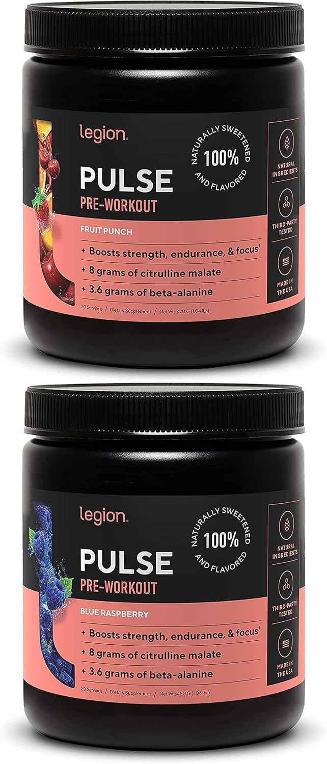 LEGION Pulse Pre Workout Supplement - All Natural Nitric Oxide Preworkout Drink to Boost Energy, Creatine Free, Naturally Sweetened, Beta Alanine, Citrulline, Alpha GPC (Fruit Punch & Blue Raspberry)