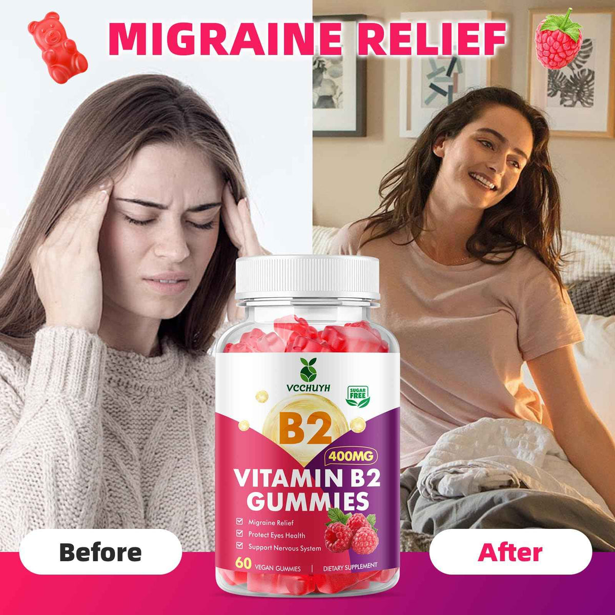 VCCHUYH Vitamin B2 Gummies for Kids & Adults, VIT B2 Riboflavin 400mg Supplement with Magnesium for Migraine Relief & Nervous System Support, Non-GMO