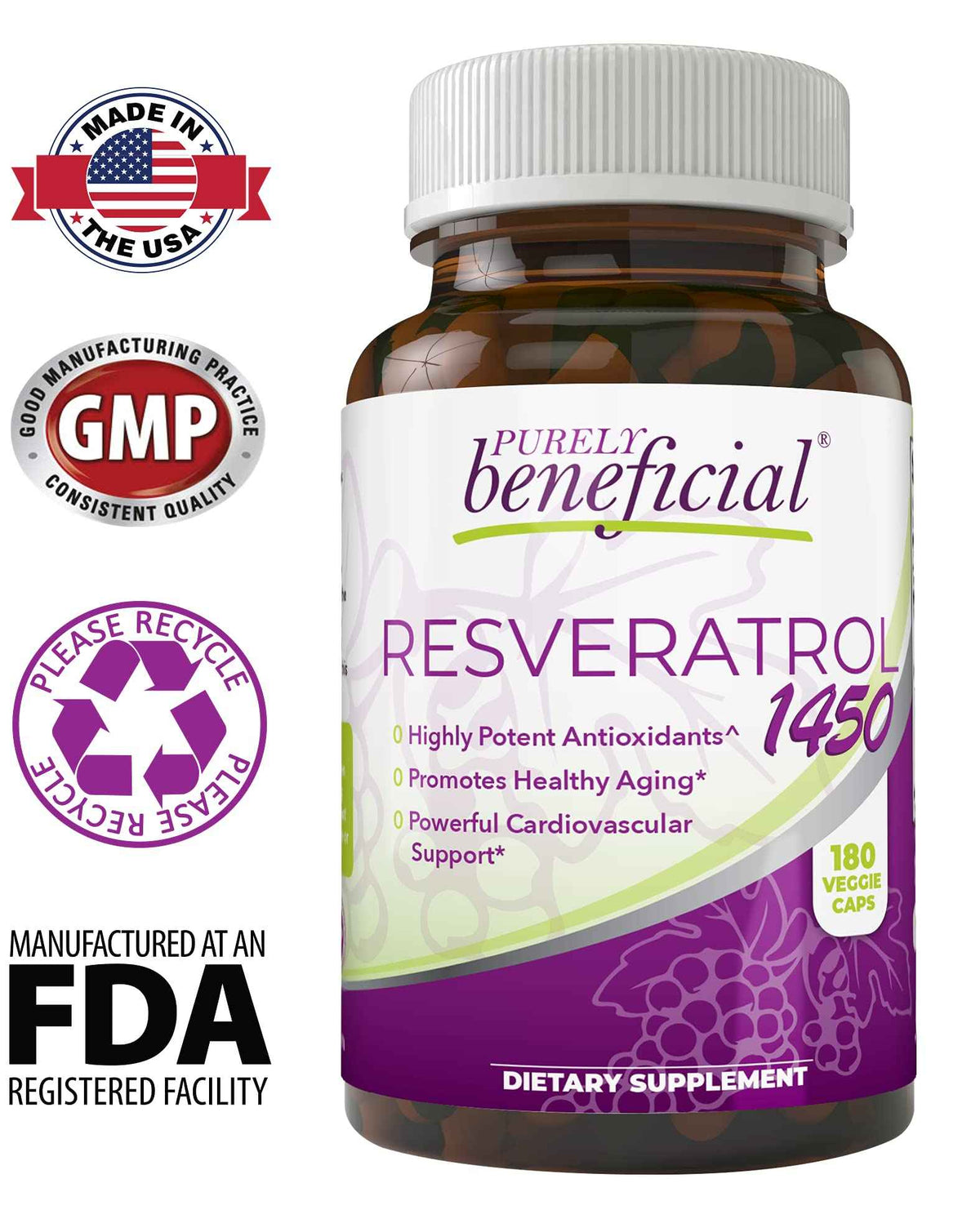 PURELY beneficial RESVERATROL1450-90day Supply, 1450mg per Serving of Potent Antioxidants & Trans-Resveratrol, Promotes Anti-Aging
