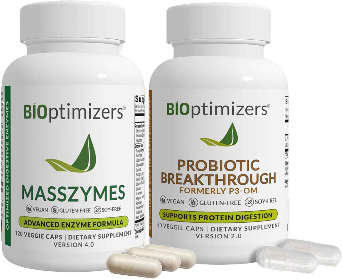 BIOptimizers MassZymes Digestive Enzymes - Probiotic Breakthrough Bundle - Gut Health & Bloating Relief - Prebiotic & Enzyme Support for Digestion, Energy, Health & Recovery - 180 Vegan Capsules