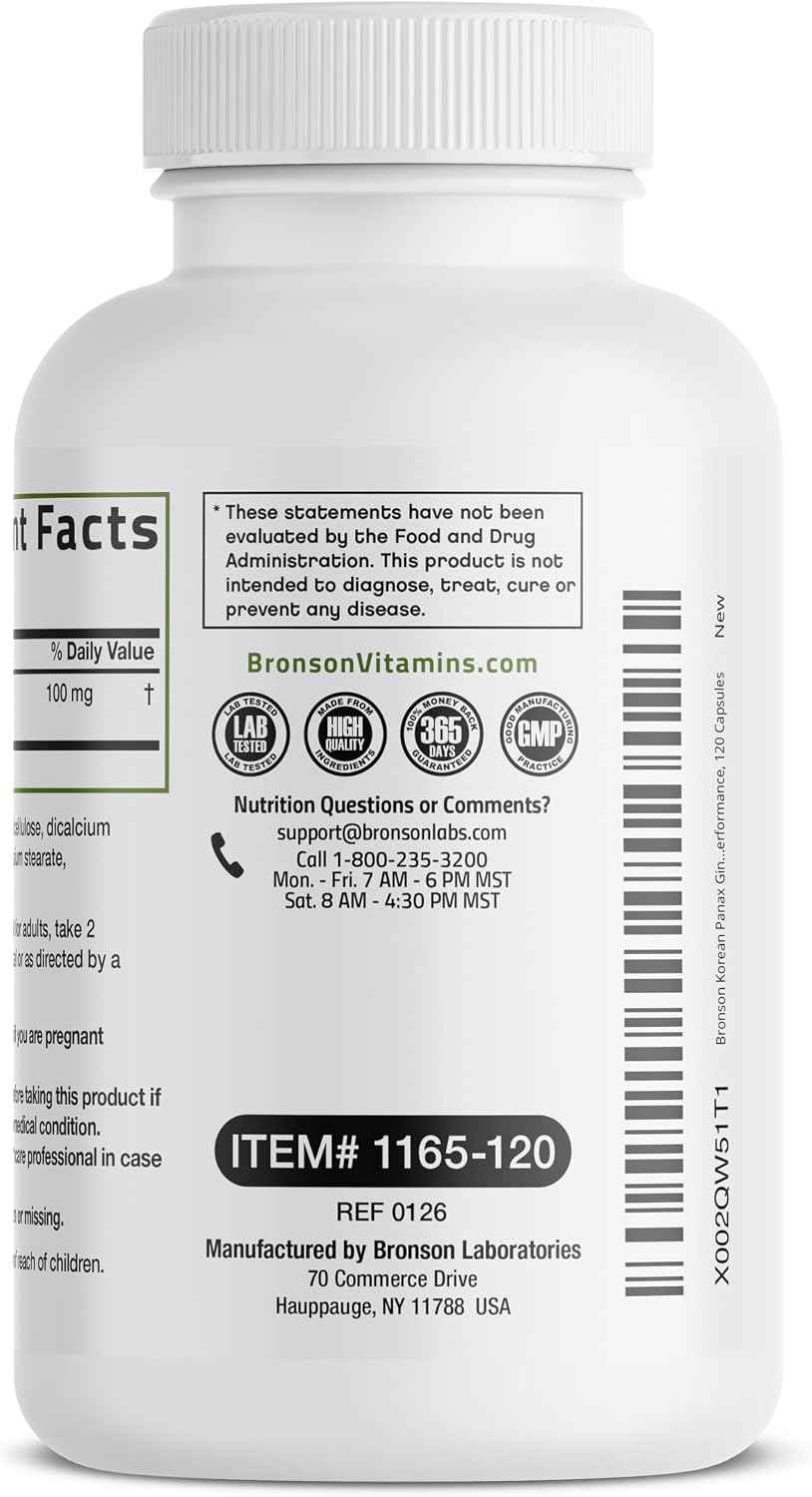 Bronson Korean Panax Ginseng Supports Energy, Endurance & Vitality + Memory and Mental Performance, 120 Capsules