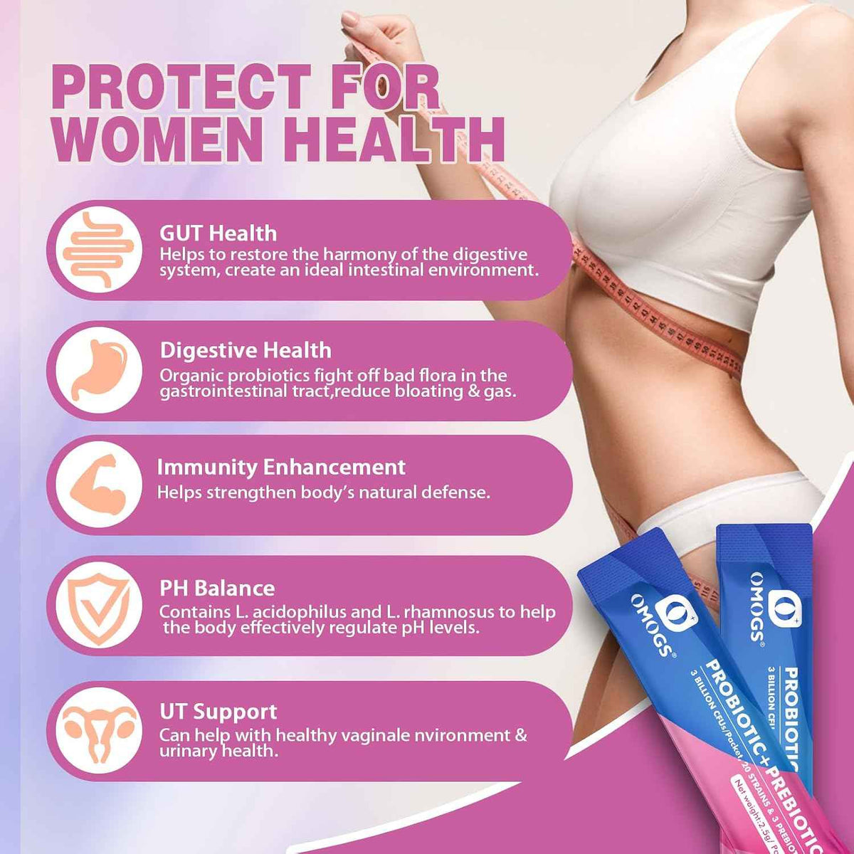 OMOGS Women's Probiotic,120-Billion-CFUs, 18 Strains, with 3 Prebiotics and Cranberry Extract, Help for Immune Booster, Digestive Health, Gut Health and Vaginal Health