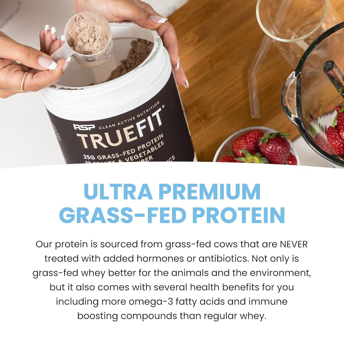 TrueFit Grass-Fed Whey Protein Powder + Fiber & Probiotics, Vanilla Shake - 25g Gut Healthy Protein with Fiber, Probiotics & Non-GMO Superfoods for Complete Meal Replacement Shake with Nothing Fake
