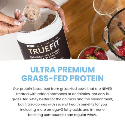 TrueFit Grass-Fed Whey Protein Powder + Fiber & Probiotics, Vanilla Shake - 25g Gut Healthy Protein with Fiber, Probiotics & Non-GMO Superfoods for Complete Meal Replacement Shake with Nothing Fake