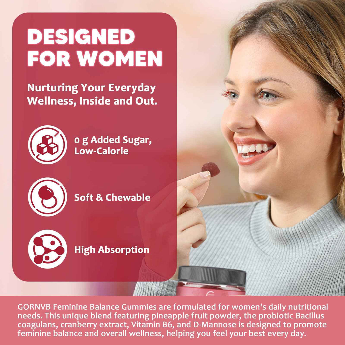 GORNVB Premium Feminine Balance Gummies for Women, Support pH Balance & Vaginal Probiotics Health Gummies with Cranberry Pineapple Powder, D-Mannose, Sugar Free, Gluten Free, Vegan