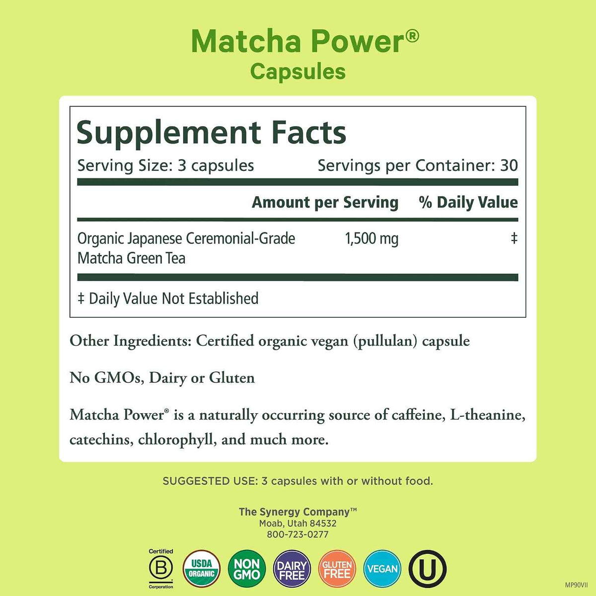 PURE SYNERGY Matcha Power - Organic Matcha Green Tea Capsules - Ceremonial Grade Supplement with EGCG - for Enhanced Energy & Alertness (90 Capsules)