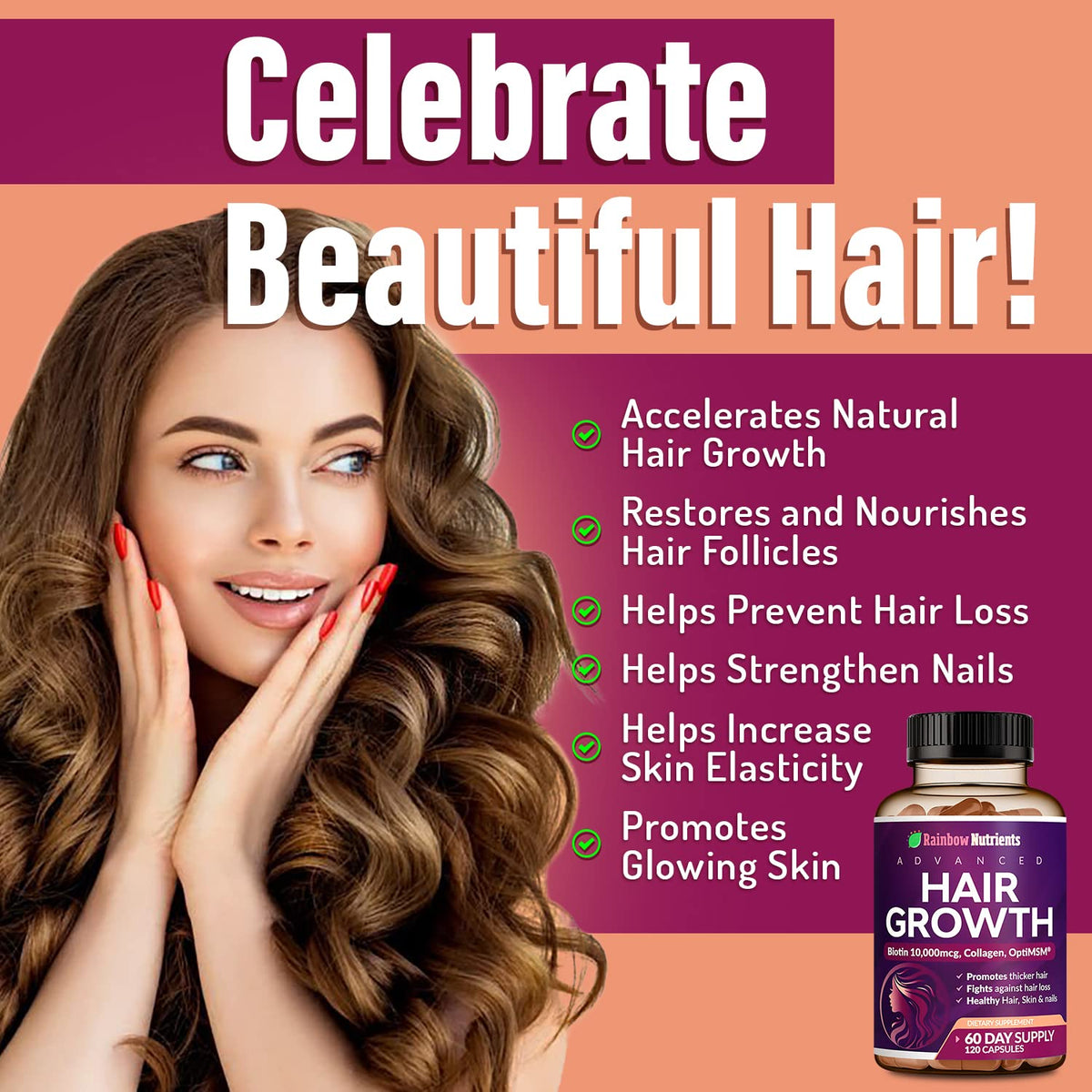 Hair Growth Vitamins for Women - Biotin 10,000mcg, Collagen, Patented OptiMSM, goMCT