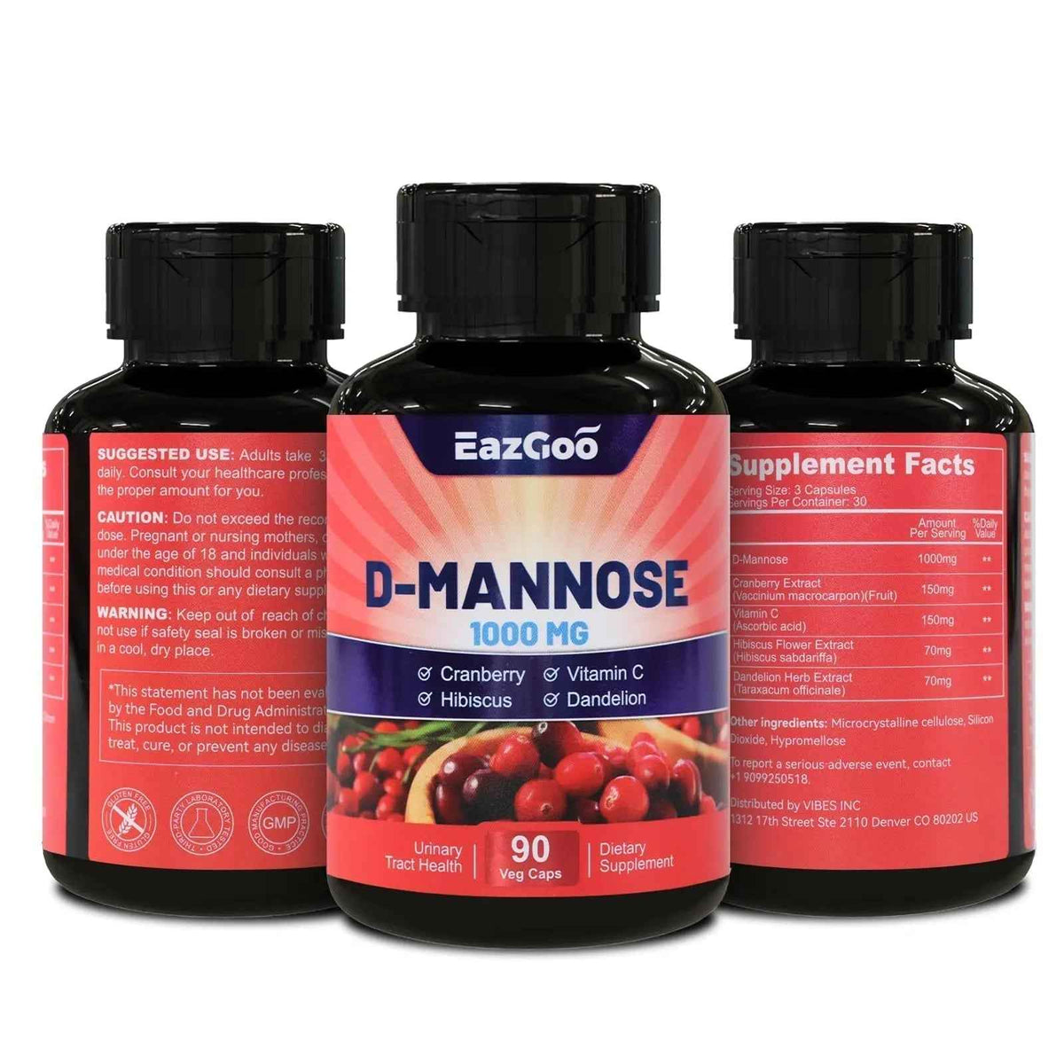 EAZGOO D-Mannose Supplement - 1000mg Capsules with Cranberry, Vitamin C, Hibiscus & Dandelion Extract, Support Urinary Health, D Mannose & Cranberry Capsules, 90 Count(Pack of 2)