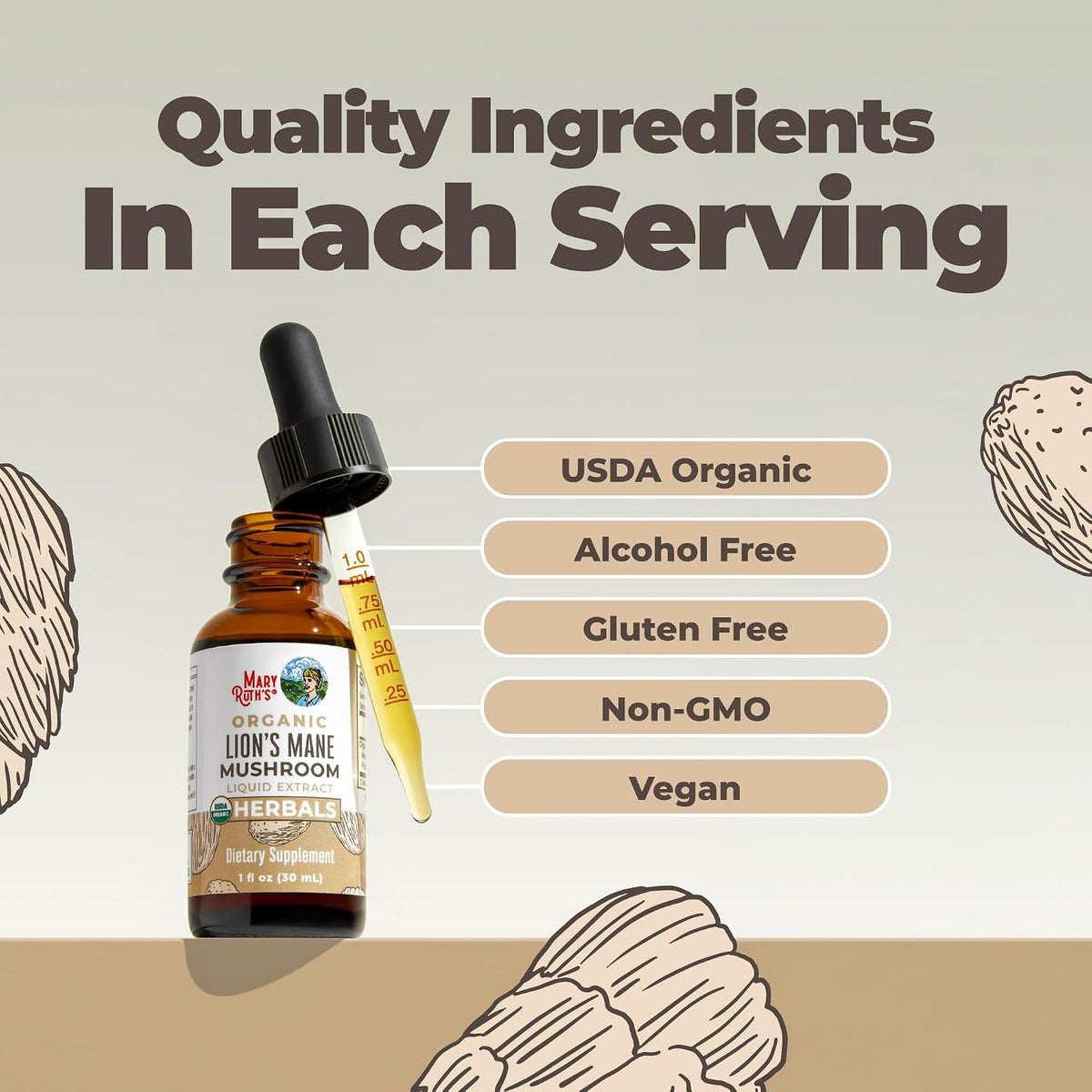 MARYRUTH'S Lions Mane Mushroom Supplement - Nootropic USDA Organic Lions Mane Extract 1,180mg - Nervine Herbal Liquid Drops - Brain Health - Focus & Memory - Non-GMO - Vegan - Alcohol Free - 1 Fl Oz