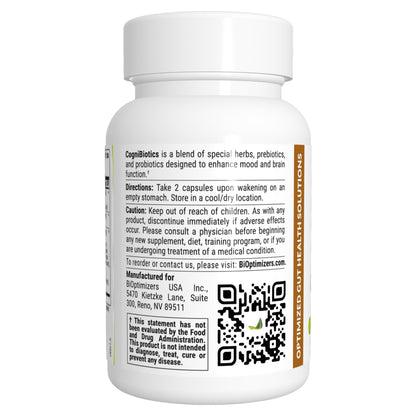 BIOptimizers Cognibiotics Probiotic Brain Supplement - Helps Support Mood, Better Focus, Memory, Mental Clarity - 60 Capsules
