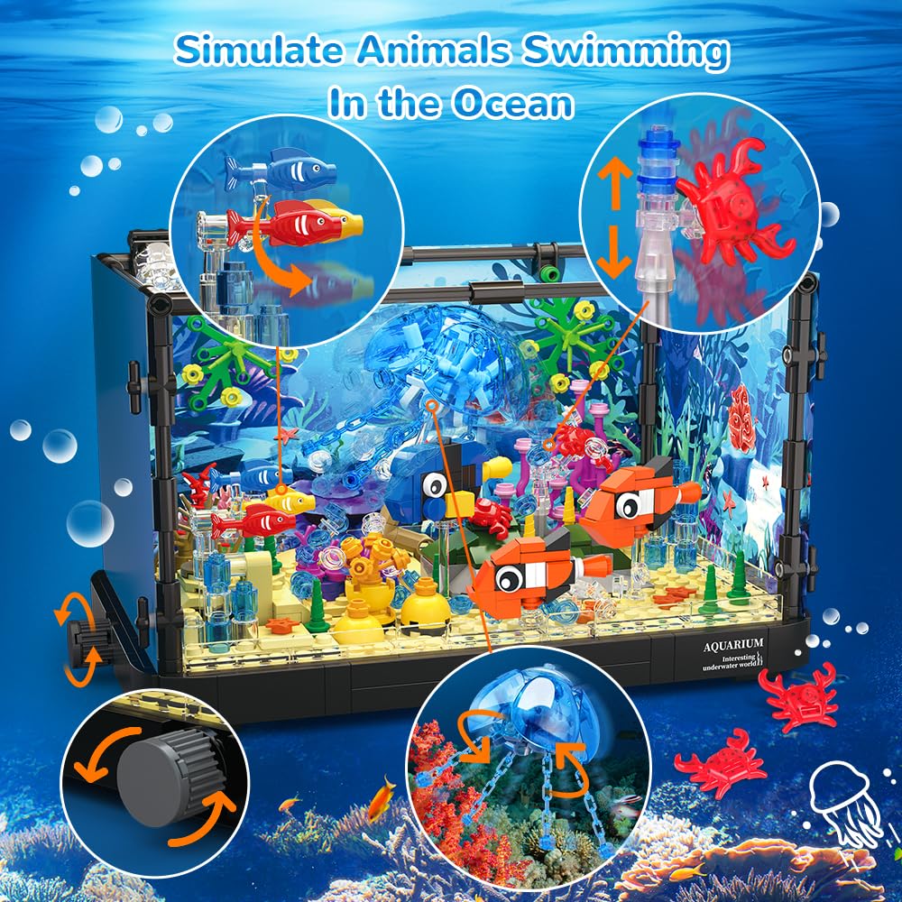 HOGOKIDS Fish Tank Building Set with LED Light and Ocean Animals for Kids