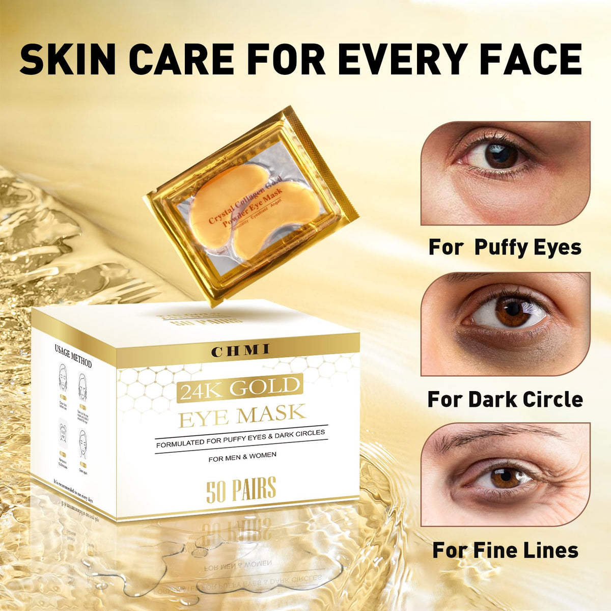 CHMI 24K Gold Under Eye Patches (50 Pairs) – Collagen Eye Masks for Dark Circles, Puffy Eyes, Eye Bags & Wrinkles – Hydrating Anti-Aging Eye Gel Pads