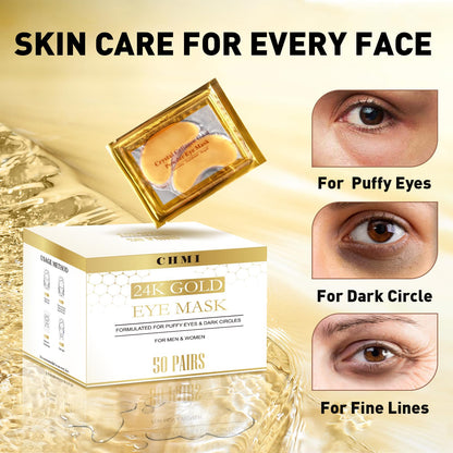 CHMI 24K Gold Under Eye Patches (50 Pairs) – Collagen Eye Masks for Dark Circles, Puffy Eyes, Eye Bags & Wrinkles – Hydrating Anti-Aging Eye Gel Pads