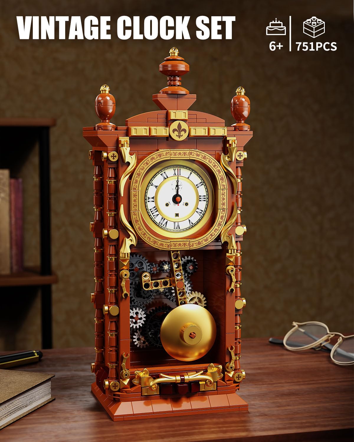 TYCOLE Vintage Pendulum Clock Building Block Set, Stem Toy with Real Clock Function and Linkable Mechanical Pendulum, Unique Home Decoration and Collectible for Adults&Kids 6+