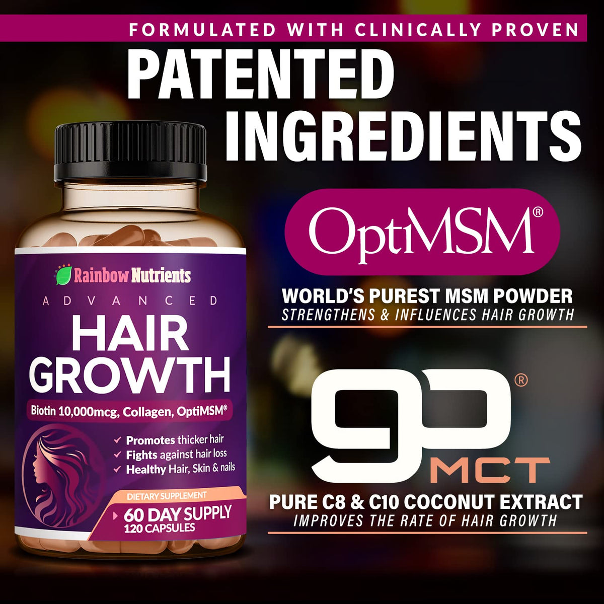 Hair Growth Vitamins for Women - Biotin 10,000mcg, Collagen, Patented OptiMSM, goMCT