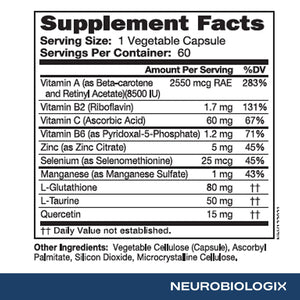 Neurobiologix Glutathione Ultra, L-Glutathione Antioxidant Complex with Vitamin C, A, B2, B6, Zinc, Selenium, Manganese, Taurine & Quercetin for Cellular Health, Gluten Free, 60 Vegetarian Capsules NeurobiologixBuy Supplements Australia