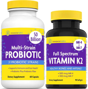 InnovixLabs Vitamin K2 & Probiotic Bundle Full Spectrum Vitamin K2 (90 Softgel Capsules) Multi-Strain Probiotic (60 Time-Release Capsules). Supports Bones, Immune and Healthy Gut. *