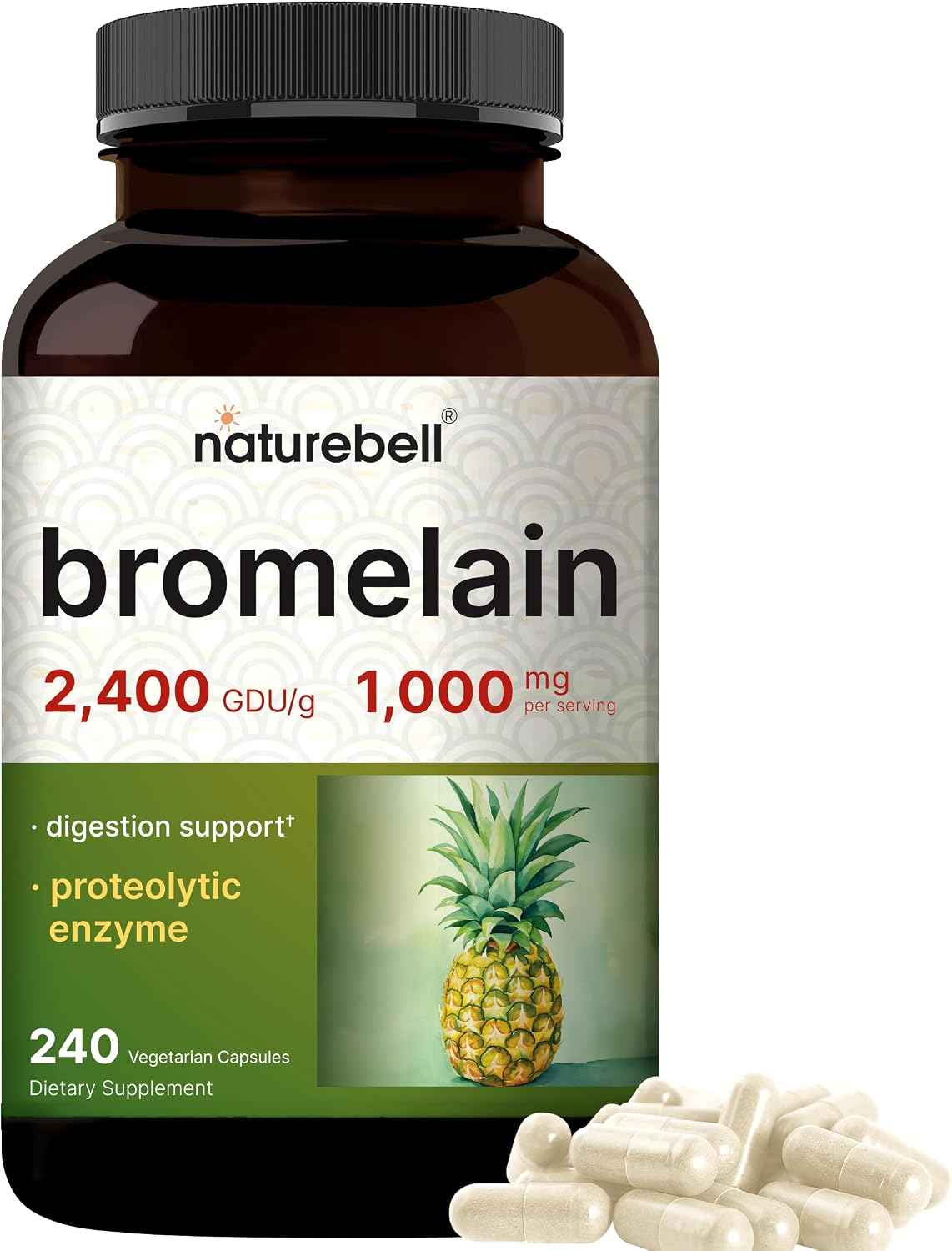 NatureBell Bromelain, 1,000mg Per Serving, 240 Veggie Capsules - 2,400 GDU - Digestive Enzymes & Joint Support Supplement - Proteolytic Enzymes for Digestion, Fresh Pineapple Source - Non-GMO