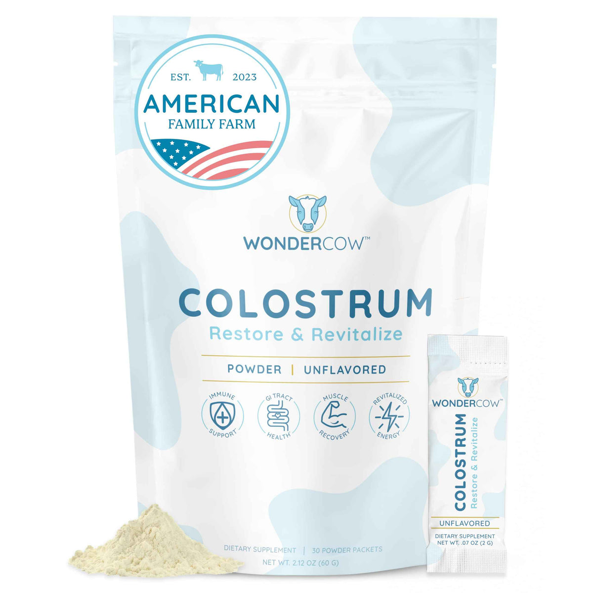 WONDERCOW Colostrum Supplement Powder for Gut Health, Immune Support & Wellness - Natural IgG Pure Whole Bovine Colostrum Superfood, Unflavored, 30 Servings