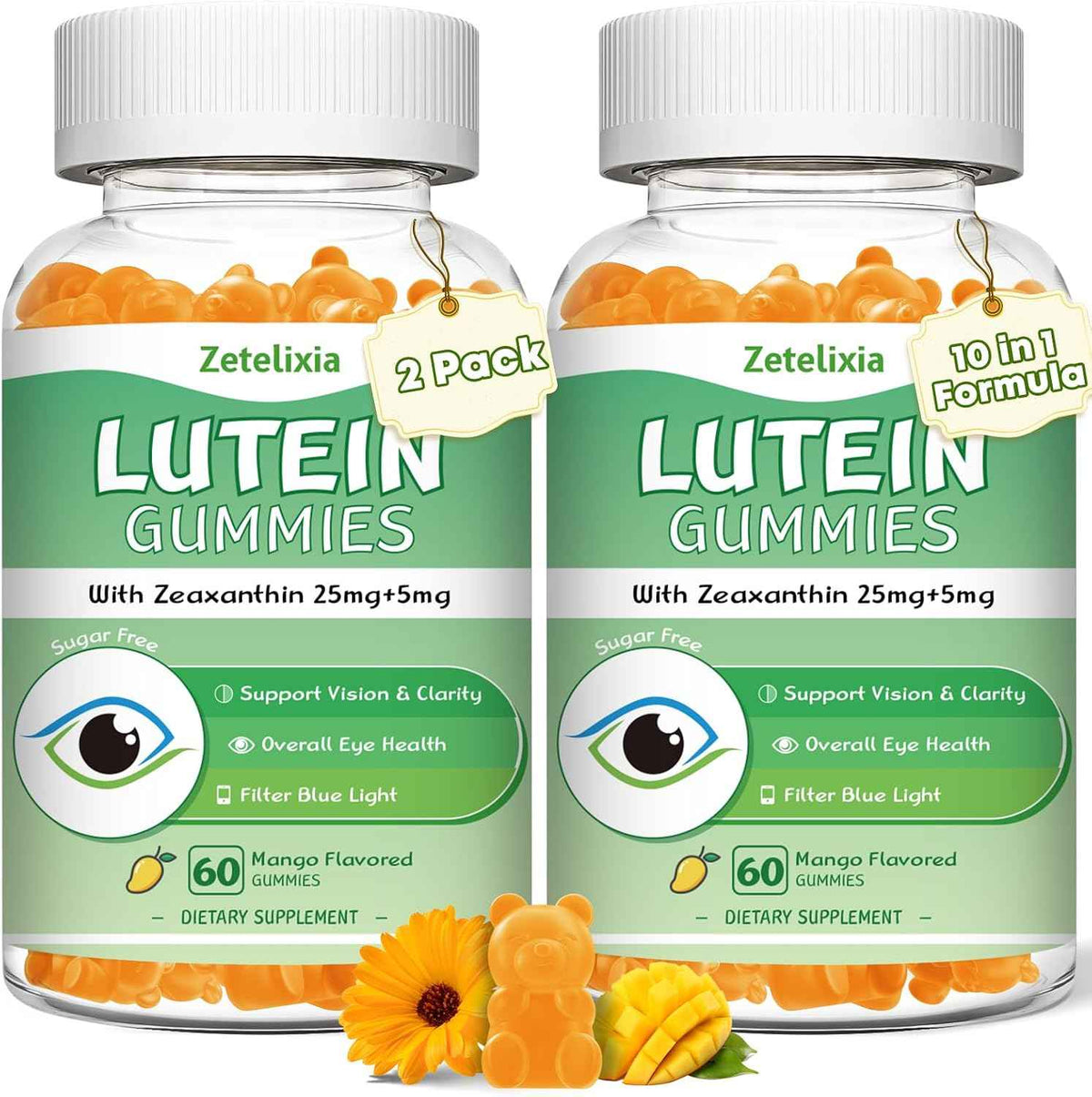 2 Pack Lutein Gummies 25mg, Sugar Free Lutein Zeaxanthin Supplements Gummies, Eye Health Supplement for Adults, Eye Vitamins Lutein for Vision and Blue Light Protection, Mango Flavor, 120 Count