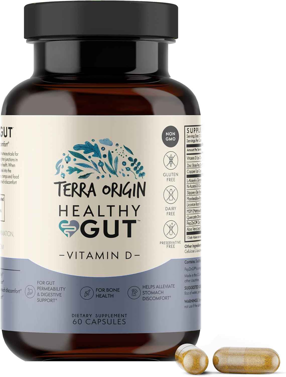 TERRA ORIGIN Healthy Gut with Vitamin D 5000 IU - 60 Capsules - Gut Health Supplements for Men and Women - Supports Digestion and Gas
