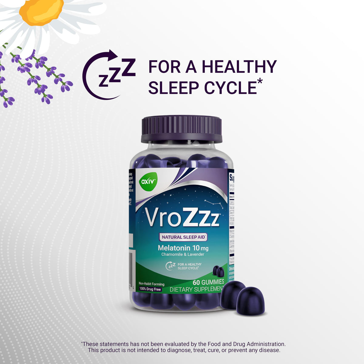 AXIV VroZzz Melatonin Sleep Aid Gummies, 10 mg Melatonin, with Chamomile, Lavender & Valerian Root, Supports Occasional Sleep, 60 Gummies