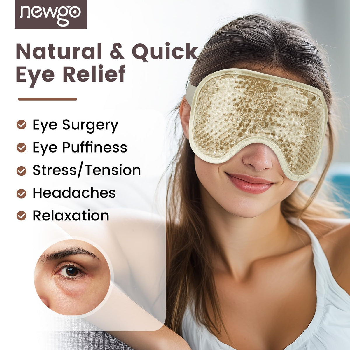 NEWGO Cooling Eye Mask – Cold Ice Pack for Puffy Eyes, Dark Circles, Headache & Stress Relief (Champagne)