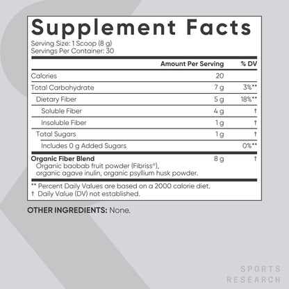 Sports Research® Organic Fiber Unflavored – Organic Fiber Powder - Daily Psyllium Husk and Prebiotic Agave Inulin, Helps Maintain Regularity* with Soluble & Insoluble Fiber - Easy to Mix, 30 Servings