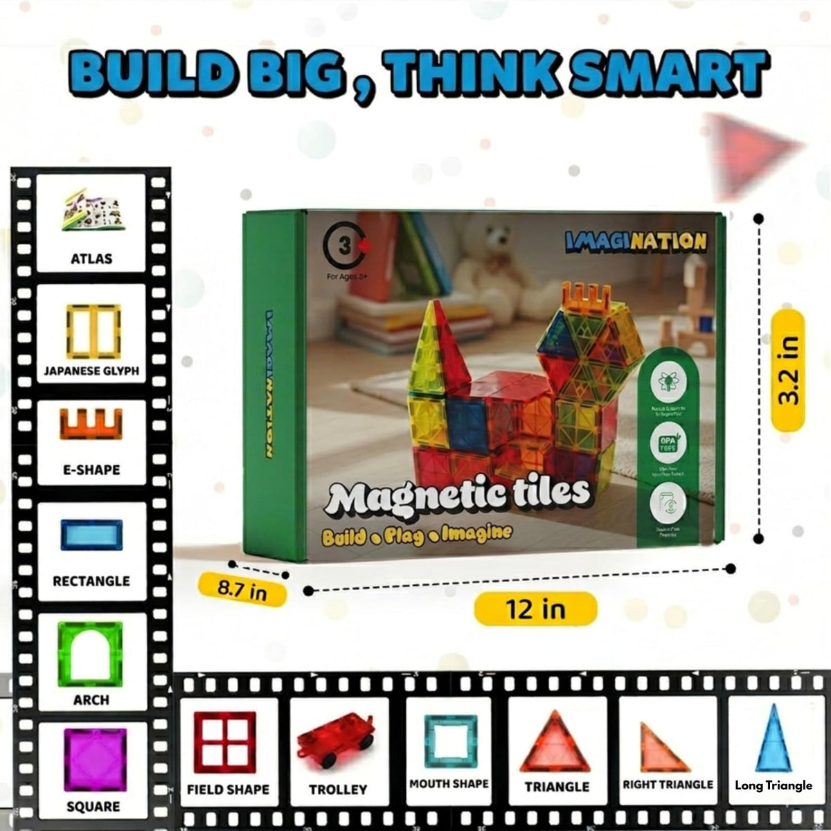 IMAGINATION Magnetic Building Tiles Set, 55 Pieces – Colorful Magnetic Blocks for Kids, STEM Learning Toy Set for 3+ Year Old Boys & Girls