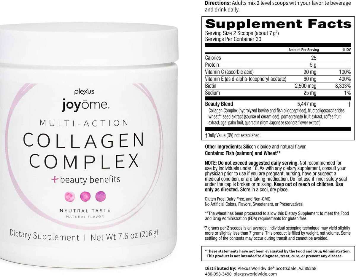 Joyōme Multi-Action Collagen Complex - 5g collagen peptides per serving; neutral powder, mixes into any beverage; dairy-free, gluten-free, non-GMO
