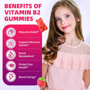 VCCHUYH Vitamin B2 Gummies for Kids & Adults, VIT B2 Riboflavin 400mg Supplement with Magnesium for Migraine Relief & Nervous System Support, Non-GMO