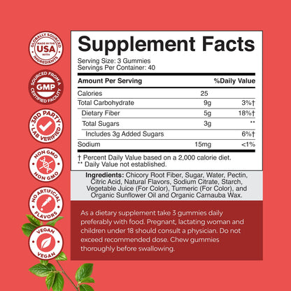 Tasty Prebiotic Fiber Gummies for Adults - High Fiber Supplement Gummies Vitamins for Adults with Prebiotic Soluble Chicory Root for Immunity and Digestive Support - Non GMO Vegan - 120 count