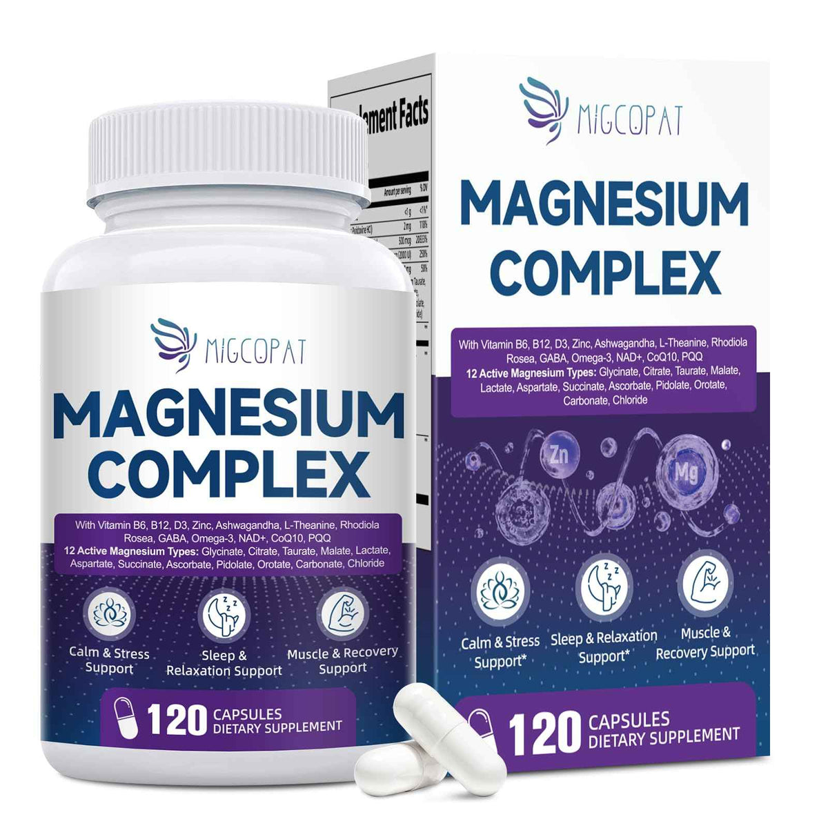 Migcopat Magnesium Complex w/Magnesium Glycinate, Malate, Citrate - 24-in-1 Magnesium Supplement w/Ashwagandha, L-Theanine & NAD+ - Supports Calm, Energy, Muscle & Sleep - Non-GMO, 120 Vegan Caps