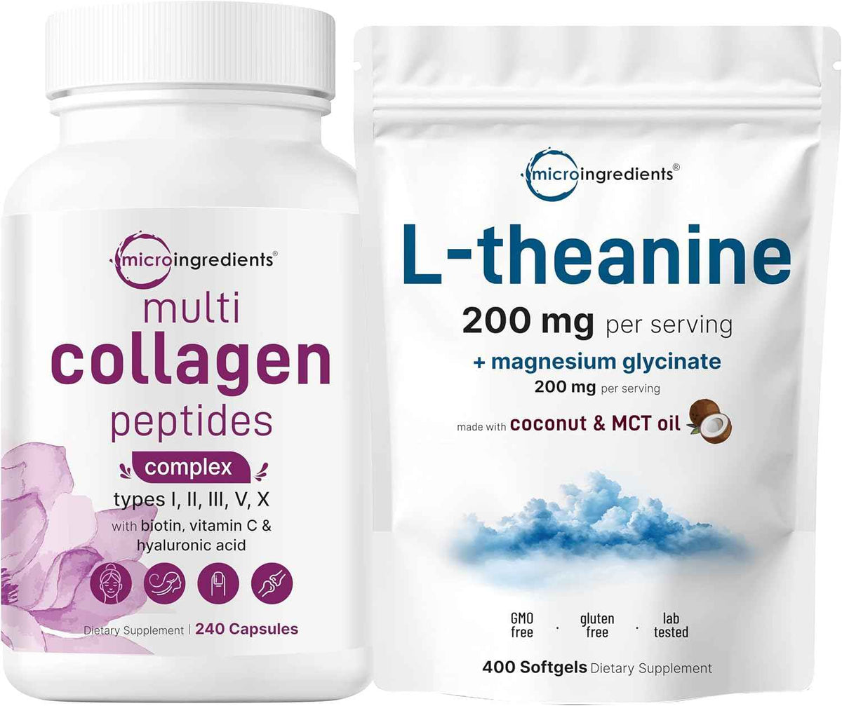 Micro Ingredients 8-in-1 Multi Collagen Capsules & L-Theanine 200mg with Magnesium Glycinate Softgels - Grass-Fed Collagen Peptides - Amino Acid & Mineral Complex Bundle 2 Pack