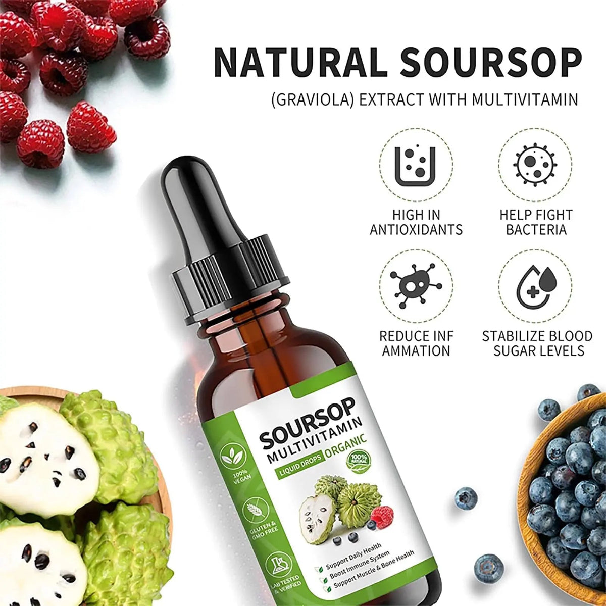 Soursop Bitters Liquid 2 Fl Oz, Soursop Graviola Leaf Extract Liquid Drop, Soursop Multivitamin Liquid Drops Organic for Cell Support, Immune System, Relax bogomo