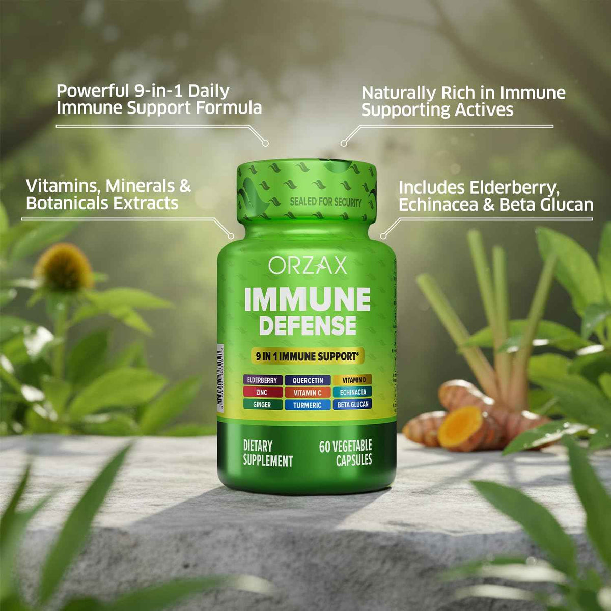 ORZAX 9 in 1 Immune Defense Booster Herbal Supplement, Specialized High Strength Formula - Vitamin C & D, Zinc, Quercetin, Turmeric & Ginger, Echinacea - Non-GMO - 60 Veggie Capsules - 30 Day Supply