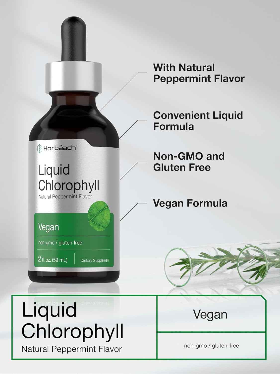 Horbäach Liquid Chlorophyll Drops - 2 fl oz - Natural Peppermint Flavor - Vegan, Non-GMO & Gluten Free Formula