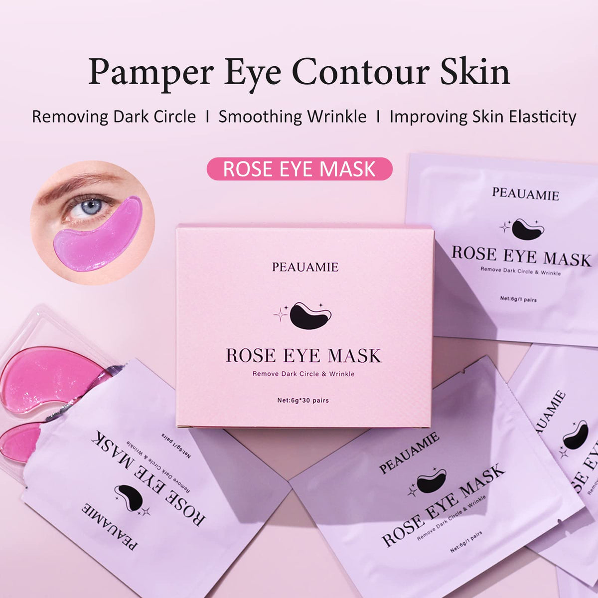 PEAUAMIE Rose Under Eye Patches (30 Pairs) – Soothing Rose Extract Eye Mask for Dark Circles, Puffiness & Fine Lines | Hydrating Skincare