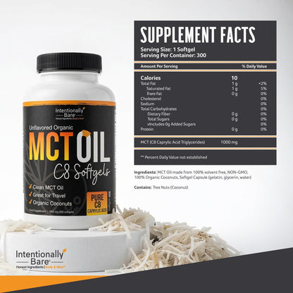 Intentionally Bare Organic MCT Oil Capsules –99.2% Pure C8 Soft gels-300 ct