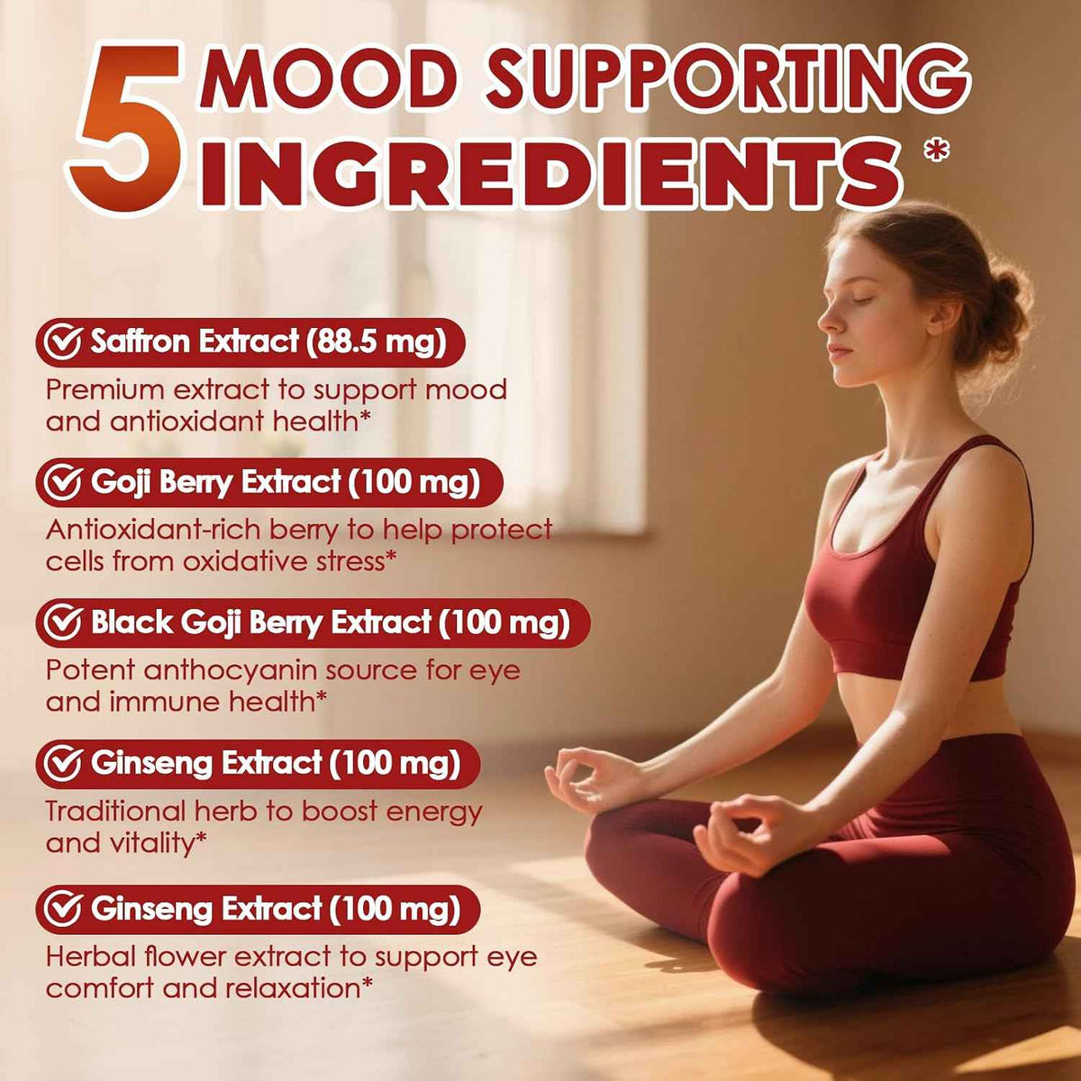 Migcopat Happy Saffron Supplement 2 Pack, 5 in 1 Saffron Capsules with Ginseng, Goji Berry & Chrysanthemum - Supports Memory, Focus, Mood, Energy, Emotional Balance & Eye Health