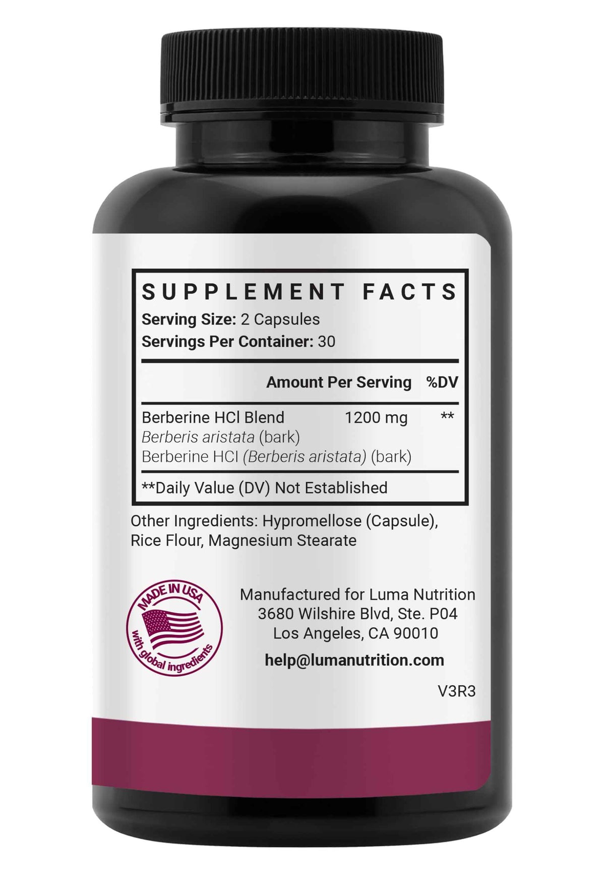 Luma Nutrition Pure Berberine Supplement - Berberina 1200mg - 60 Capsules
