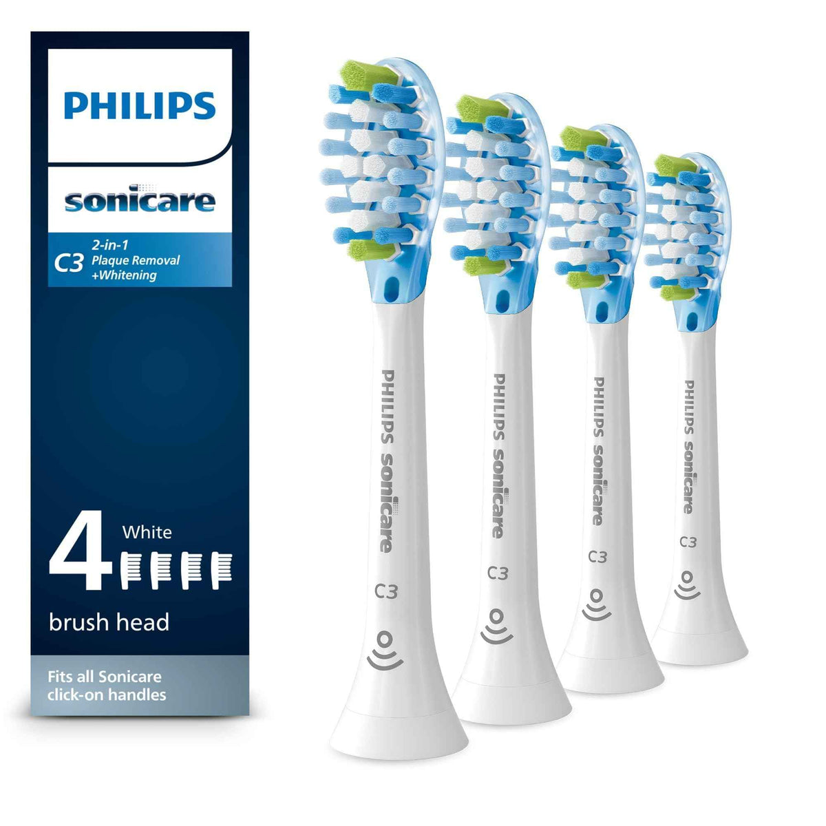 Philips Sonicare C3 Two-in-One - Genuine Replacement Electric Toothbrush Heads, White, 4 Pack One Year Supply, HX9044/65