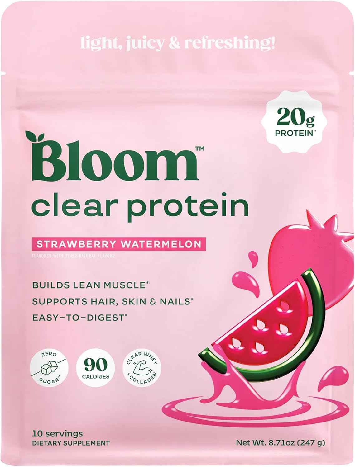 Bloom Nutrition Clear Whey Protein, Strawberry Watermelon, 10 Servings - Whey Protein Isolate with Collagen Peptides & Digestive Enzymes, 20g Protein, Sugar Free Post Workout Drink Mix, 90 Calories