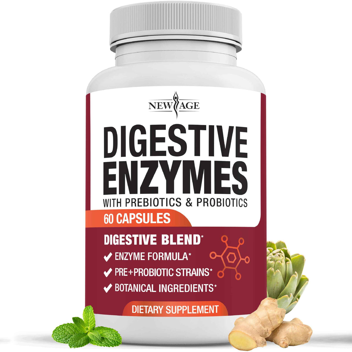 NEW AGE Digestive Enzymes for Gut Health - Probiotic Multi Enzymes with Prebiotics and Probiotics with Lipase for Women and Men for Digestive Health