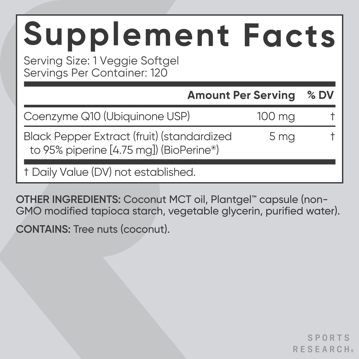 Sports Research CoQ10 (100mg) Enhanced w/Coconut Oil & Bioperine (Black Pepper) for Better Absorption - Vegan Certified, Non-GMO Verified (120 Veggie Softgels)