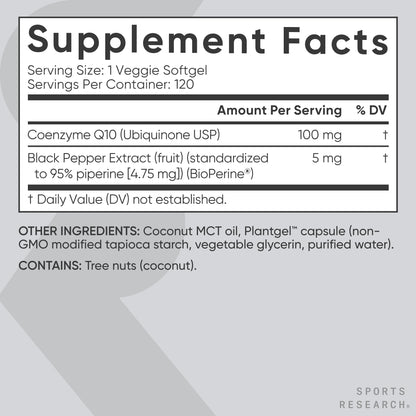 Sports Research CoQ10 (100mg) Enhanced w/Coconut Oil & Bioperine (Black Pepper) for Better Absorption - Vegan Certified, Non-GMO Verified (120 Veggie Softgels)