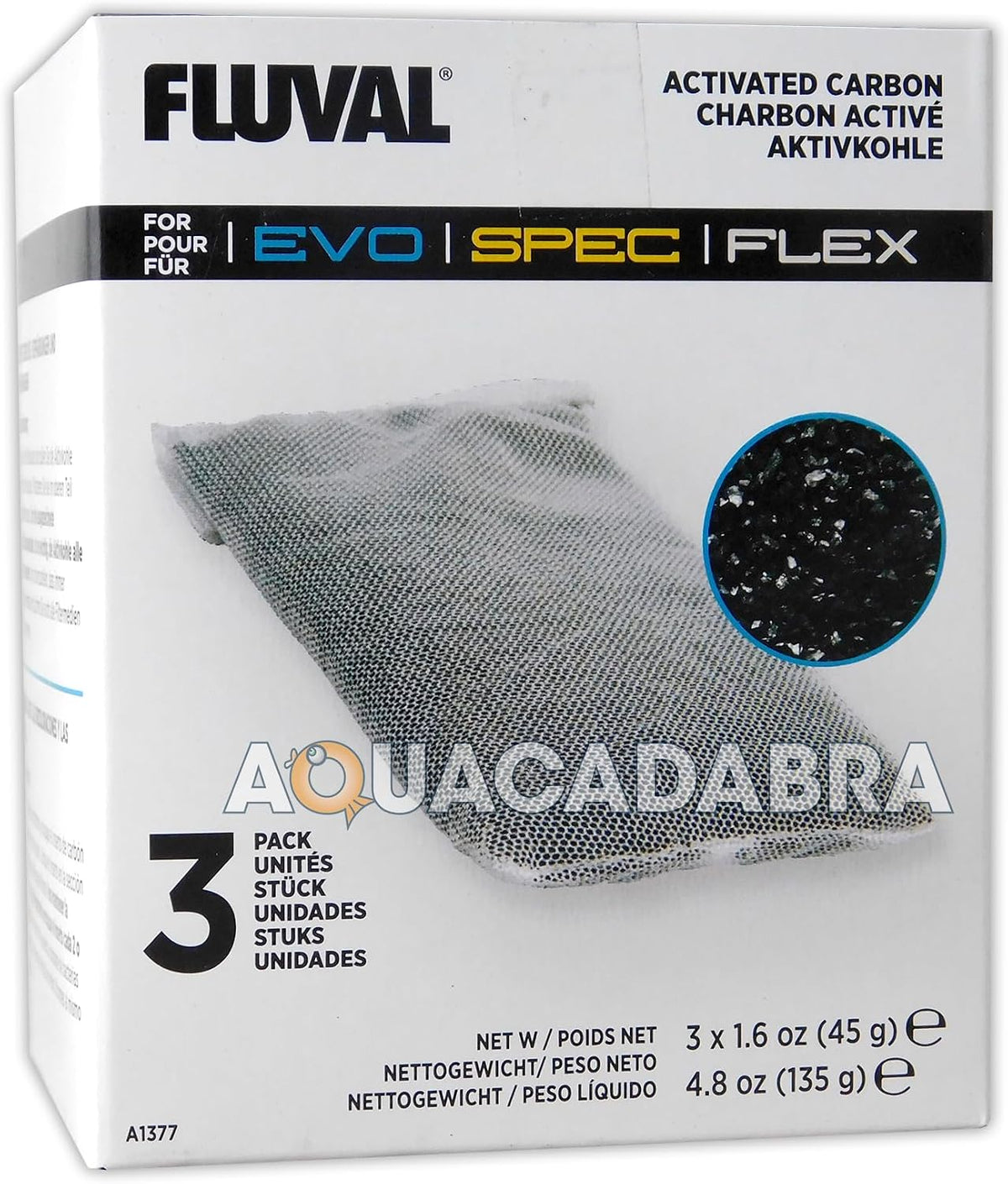 Fluval Spec/Evo/Flex Activated Carbon, Replacement Aquarium Filter Media, 3-Pack, A1377 - Replacement Aquarium Filter Media